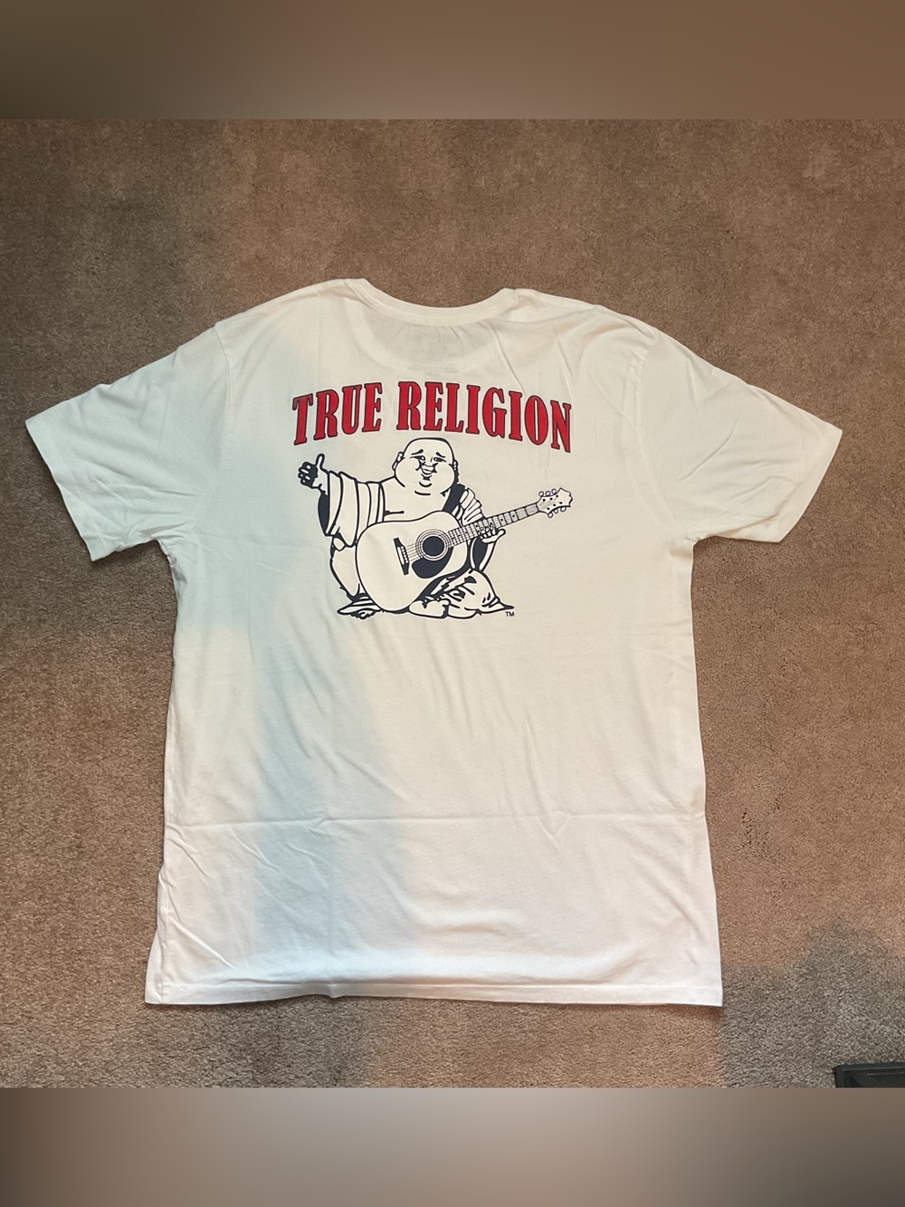 True Religion White Tee with Red Logo and Navy Graphic